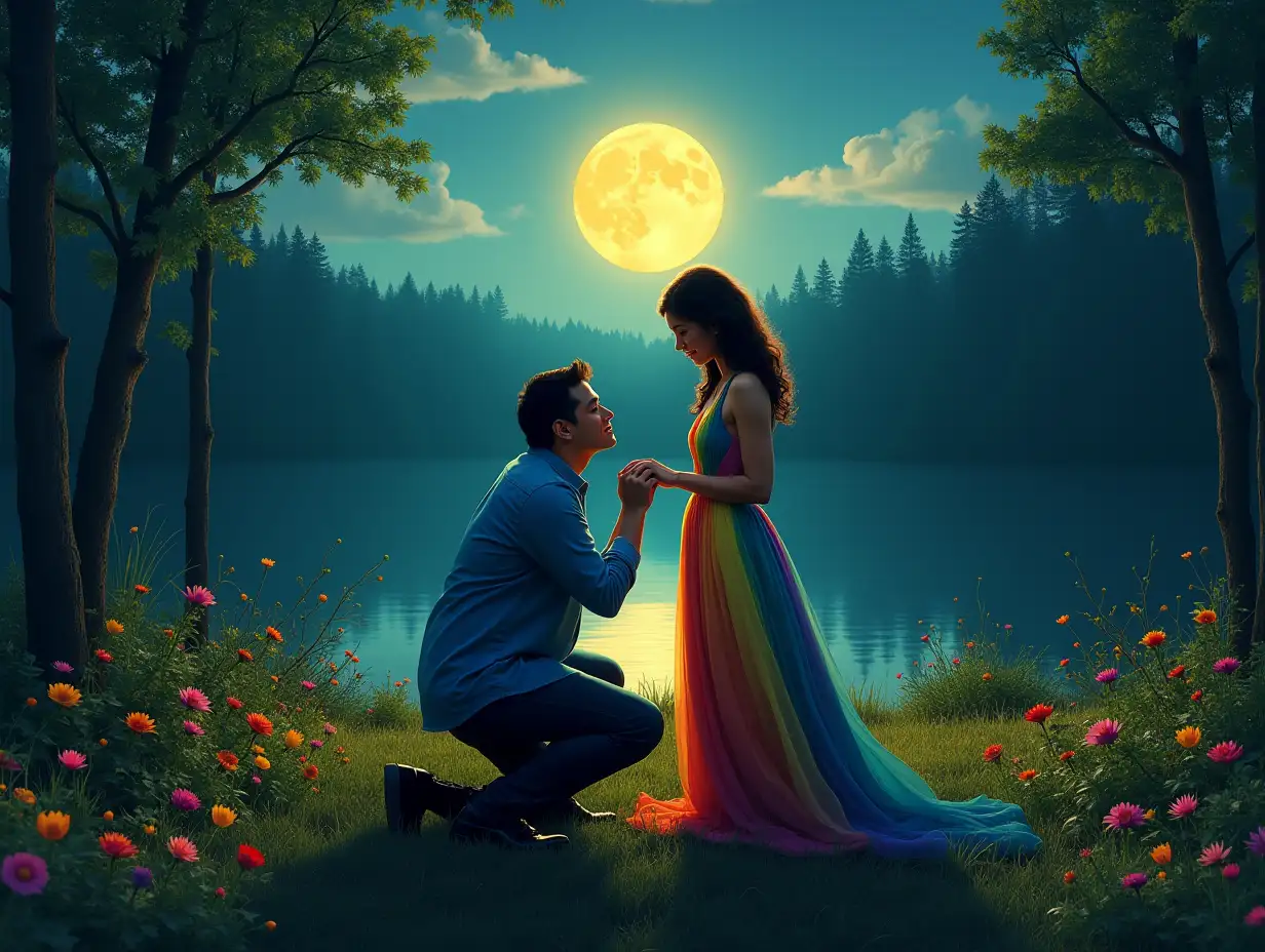 A man in deep love wearing blue shirt, long sleeve, in the green forest at night. Bright yellow Moon in sky. Forest full of colorful flowers. Big lake behind man. Man kneeling down on knees, kissing her hand & Women standing in long rainbow dress 