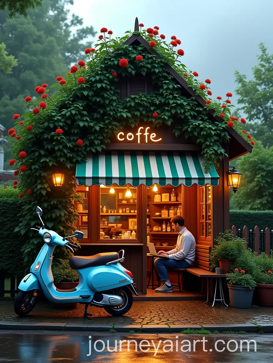 Cozy-Outdoor-Caf-Scene-with-Laptop-User-and-Blue-Scooter