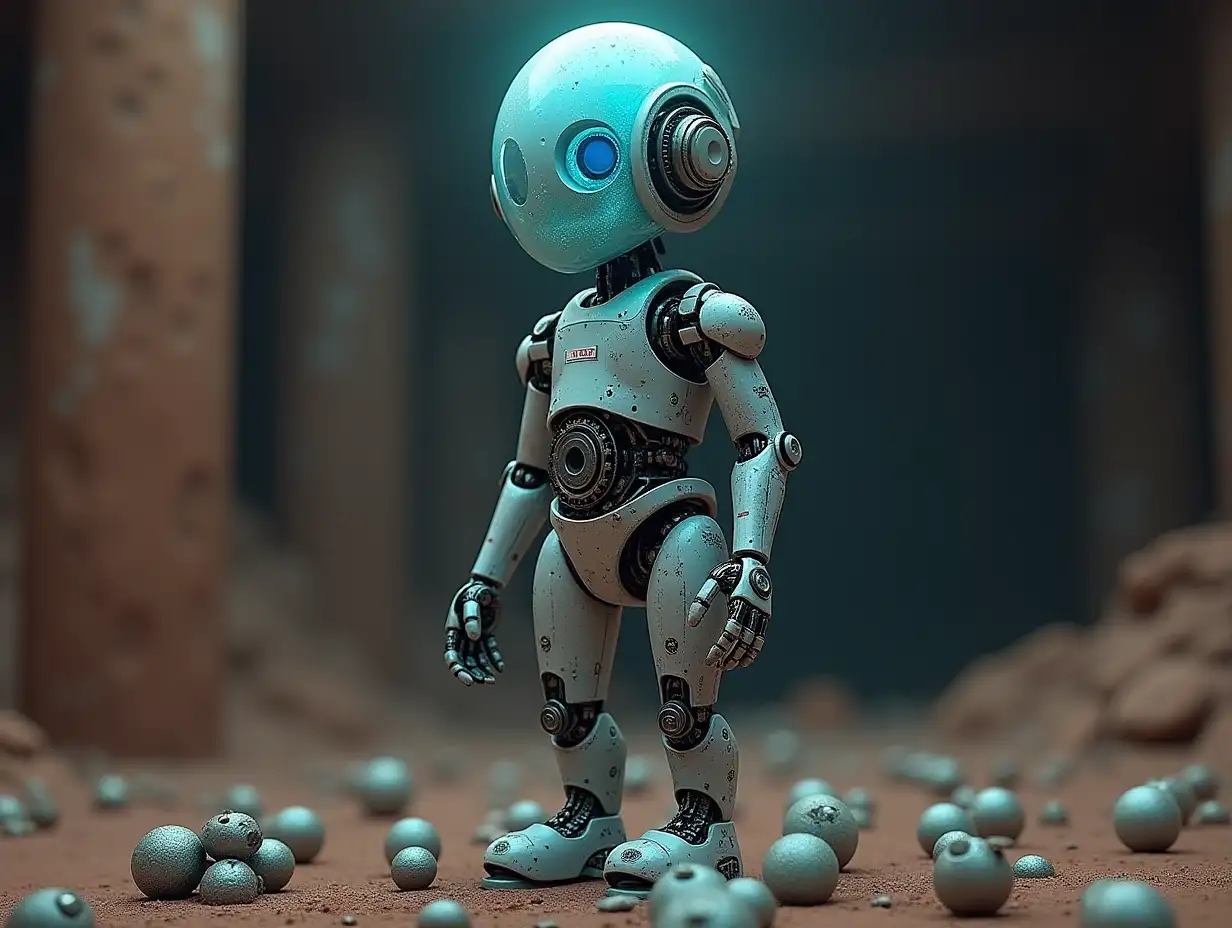 Create a high-resolution, realistic image of the artificial intelligence Robert, three meters tall, with eyes, arms, and legs, with gears on the cheeks and a glass head with glowing sapphire brain, screws with many glass spheres on the floor, Mars 4k resolution with