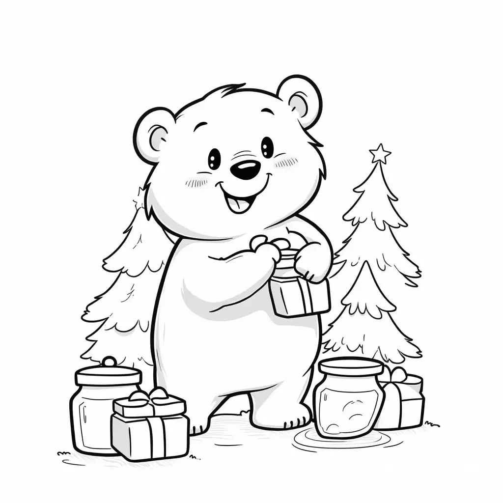 Bear-Decorating-Christmas-Tree-with-Honey-Jars-in-Cartoon-Style