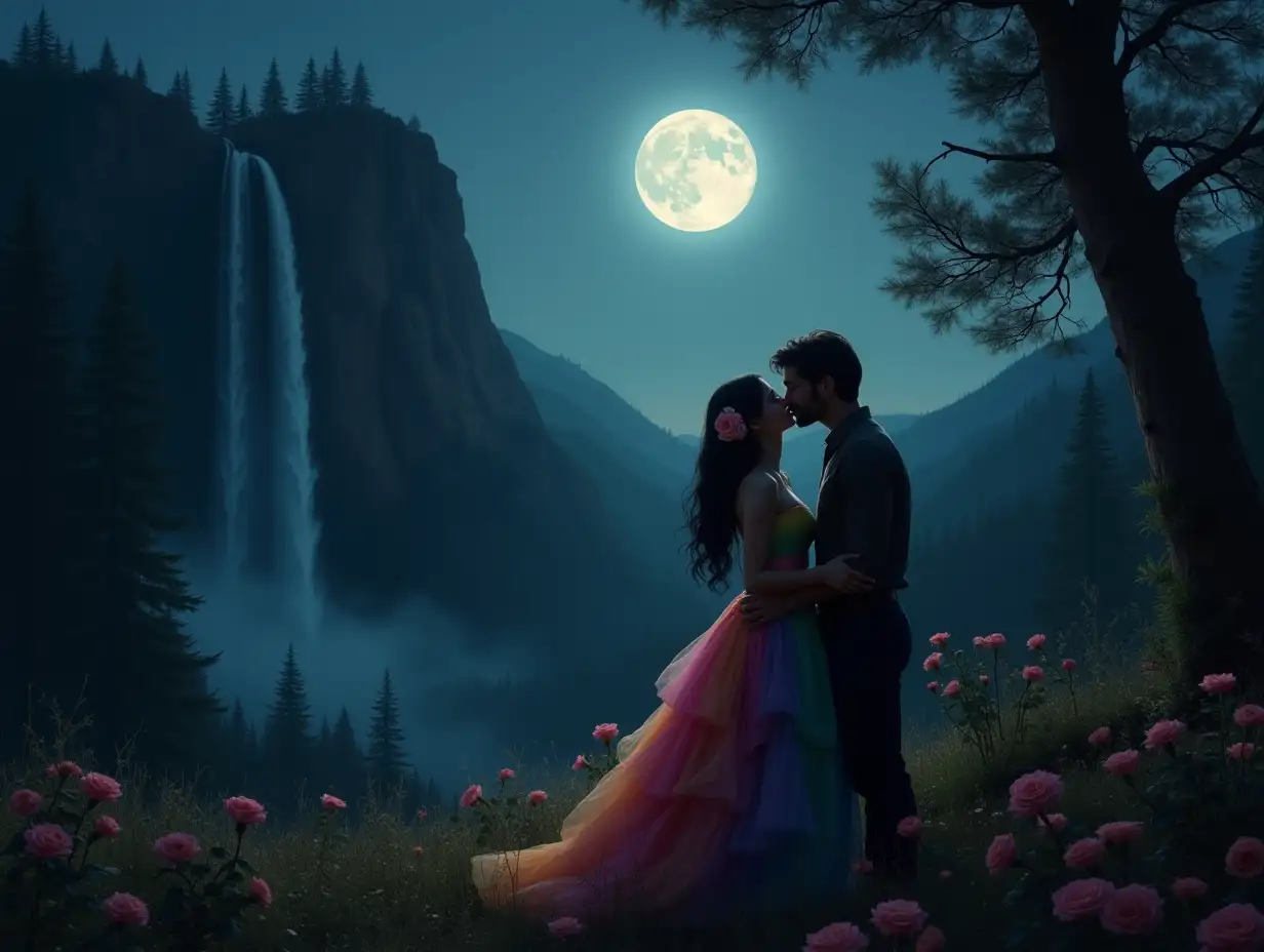 A woman in deep love, thinking about a man, in the forest in night. Bright Moon in sky. forest full of roses. Mountain with tall water fall on left of couple. Girl dressed in rainbow dress, with rose in hair.