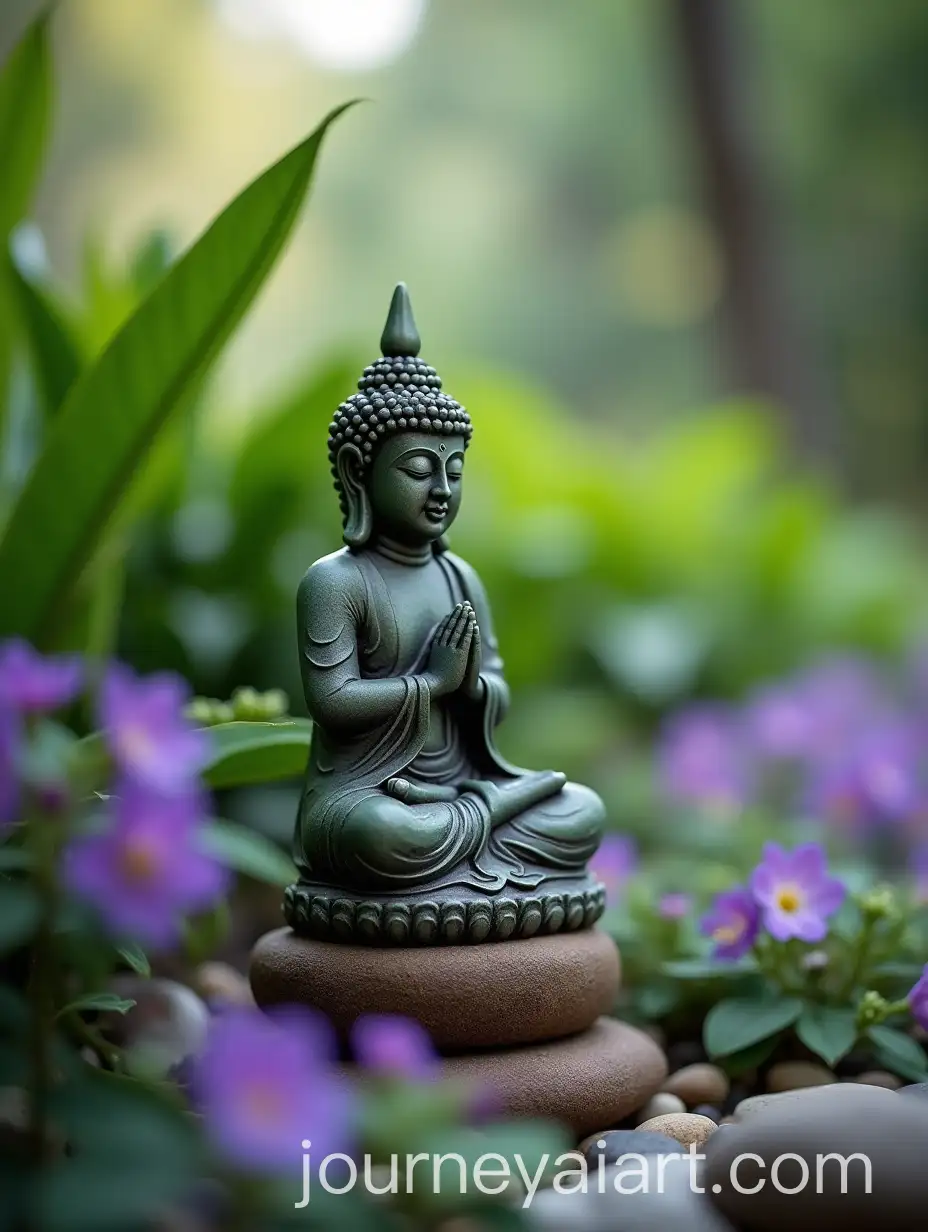 Buddha-Figurine-in-Tropical-Bushes-with-Violet-and-White-Flowers
