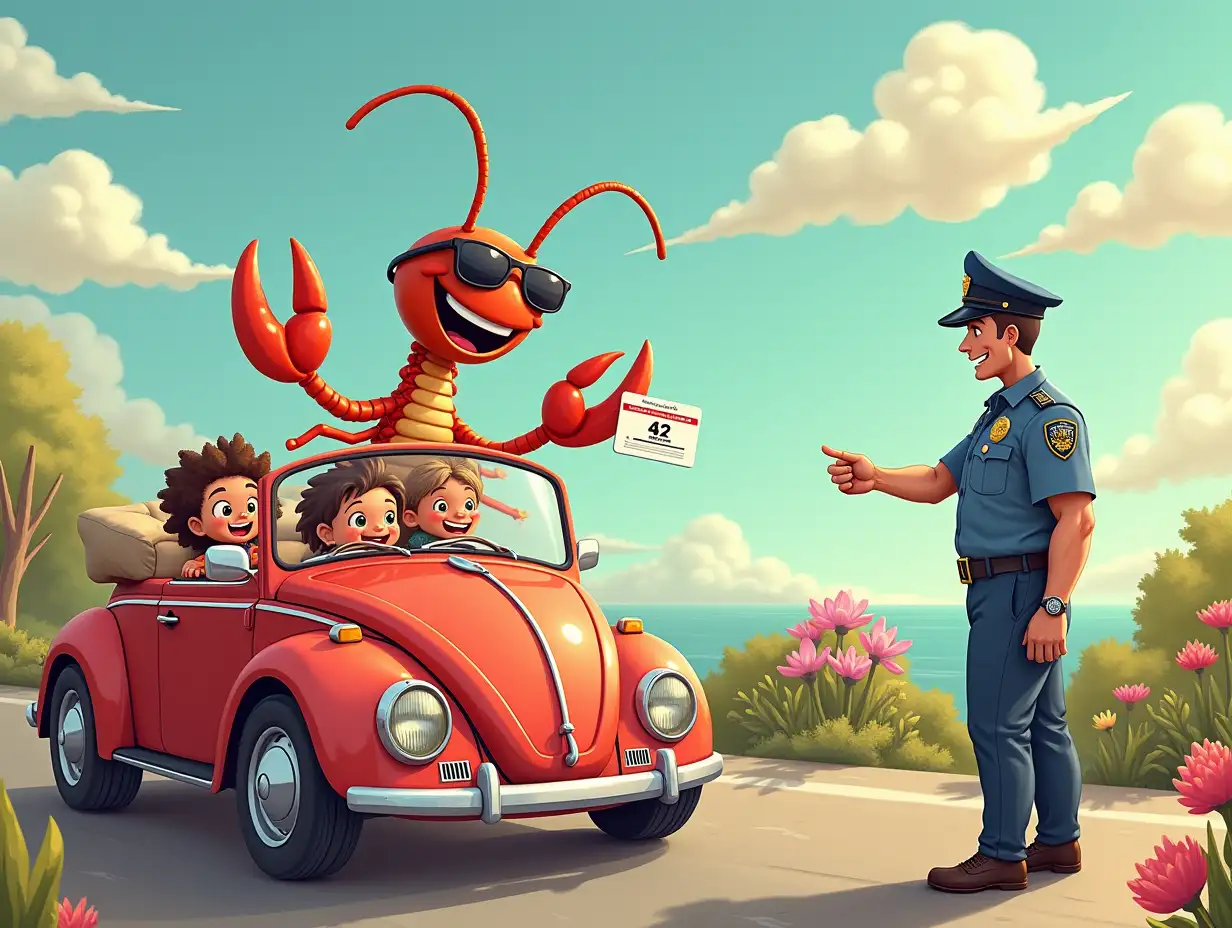 Happy-Scorpion-Driving-VW-Beetle-with-Rowdy-Children-Police-Traffic-Stop