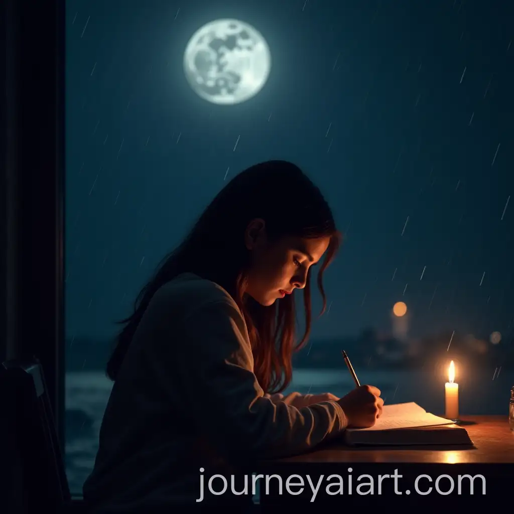 Girl-Writing-with-Pen-and-Paper-by-Candlelight-on-a-Rainy-Moonlit-Night