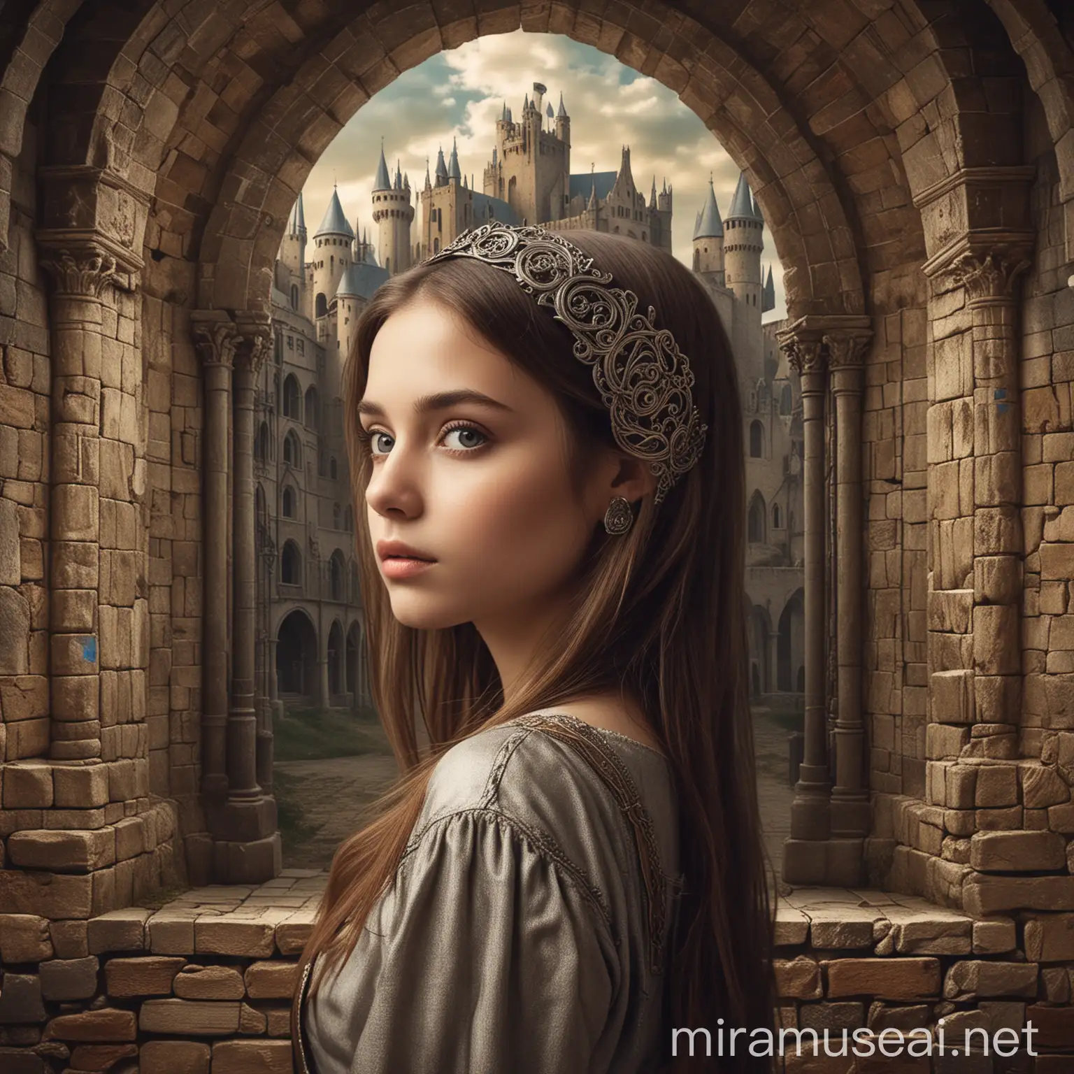 Girl in Medieval and Futuristic Dual Backgrounds for Music Album Cover