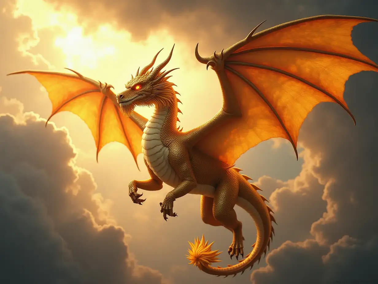 Create a breathtaking image of a majestic golden dragon in flight. The dragon has radiant golden scales that shimmer in the light, large, muscular wings spreading wide across the sky. Its body is both regal and powerful, with sharp claws, a spiked tail, and an aura of immense wisdom and strength. The dragon’s head features glowing amber eyes, curved horns, and a flowing mane down its neck, giving it a noble appearance. The background should depict stormy clouds parting with beams of sunlight shining through, casting an epic and otherworldly atmosphere over the scene.