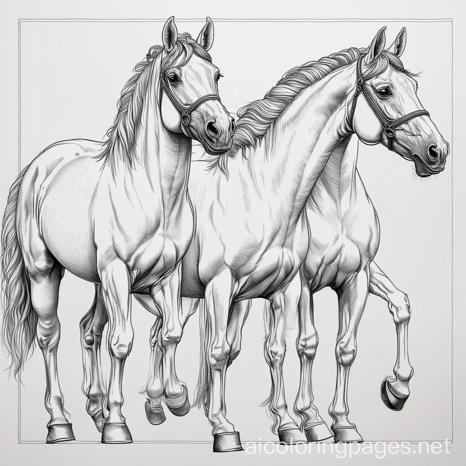 horses, Coloring Page, black and white, line art, white background, Simplicity, Ample White Space. The background of the coloring page is plain white to make it easy for young children to color within the lines. The outlines of all the subjects are easy to distinguish, making it simple for kids to color without too much difficulty