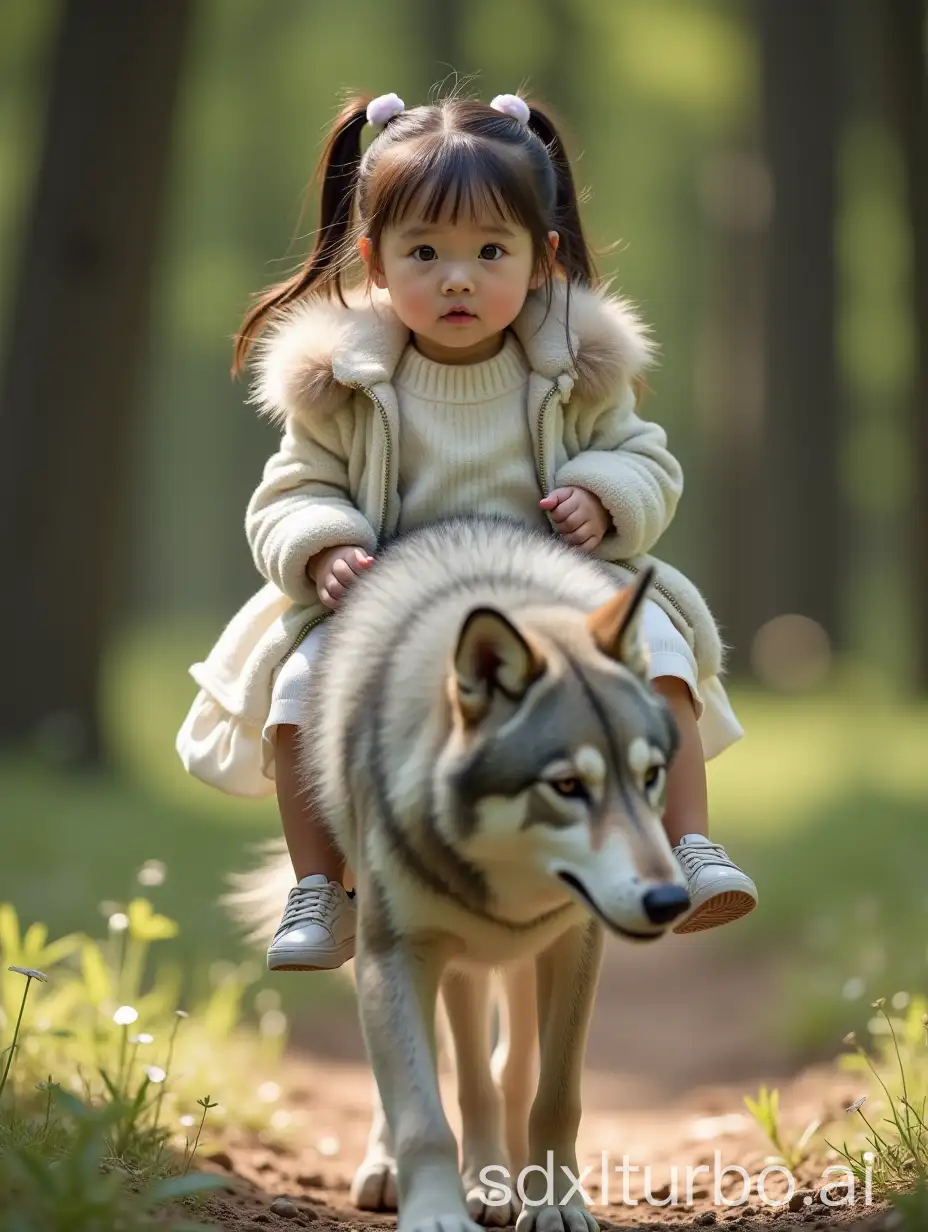 One-Year-Old-Korean-Baby-Girl-Riding-a-Wolf-in-Forest