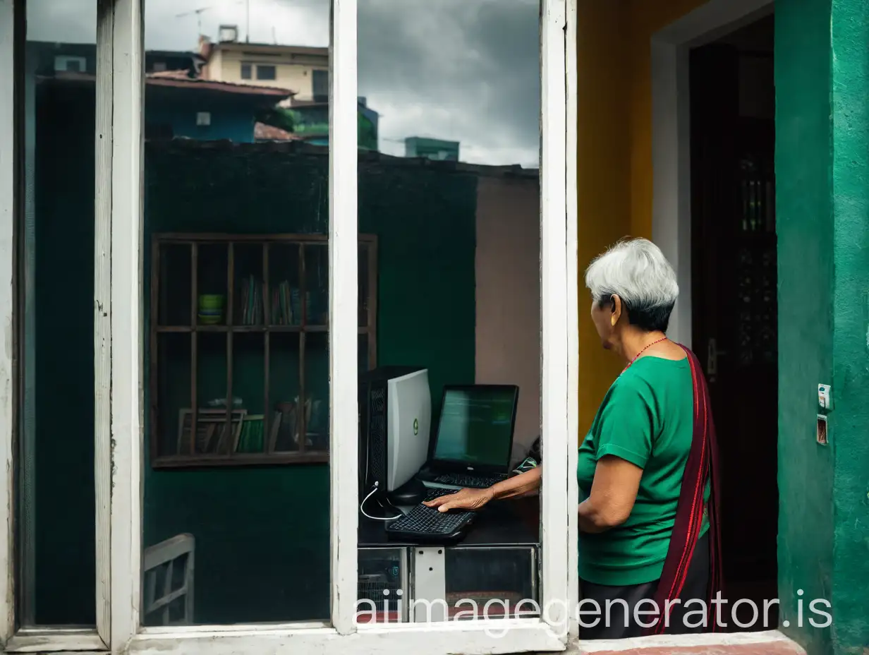 Indigenous-Grandmother-in-Bogot-City-Looking-at-a-Computer-from-a-Window