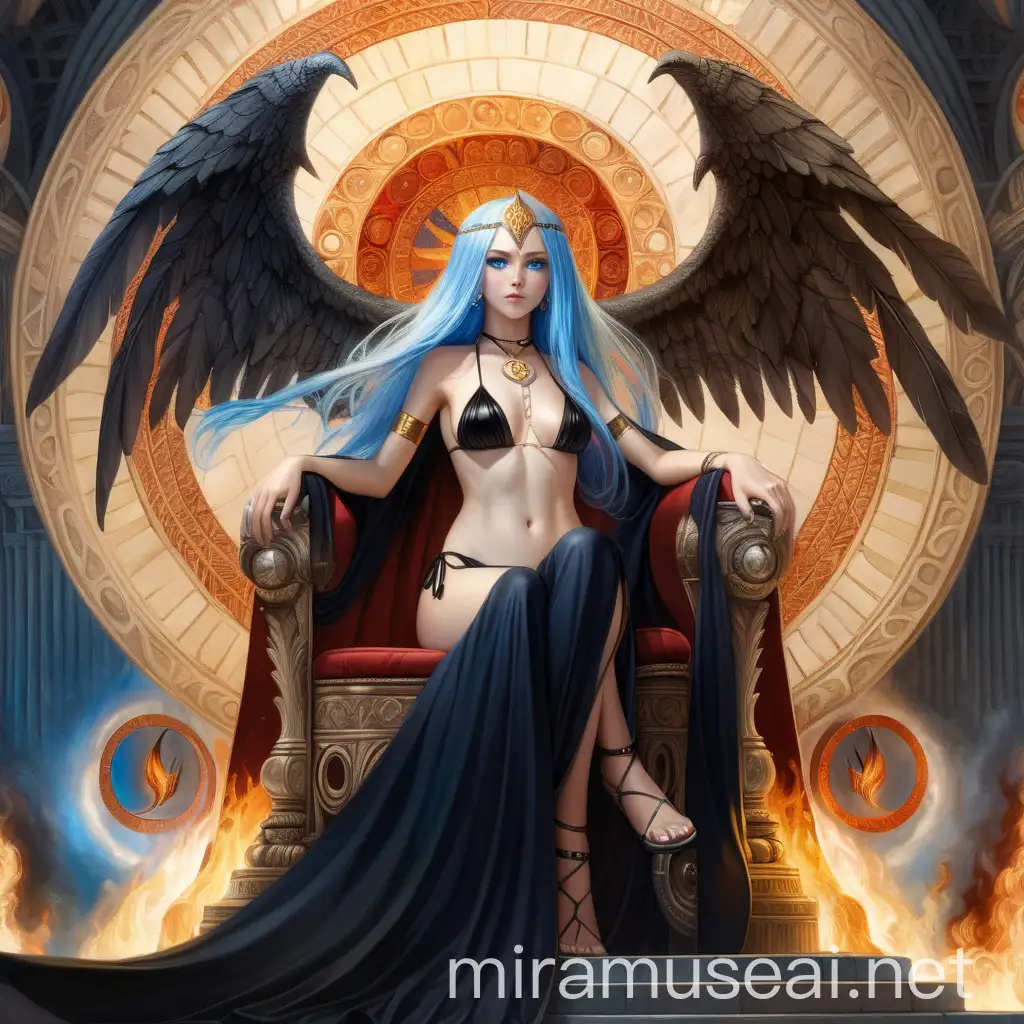 Empress Goddess with Wings on Demonic Throne Amidst Flames