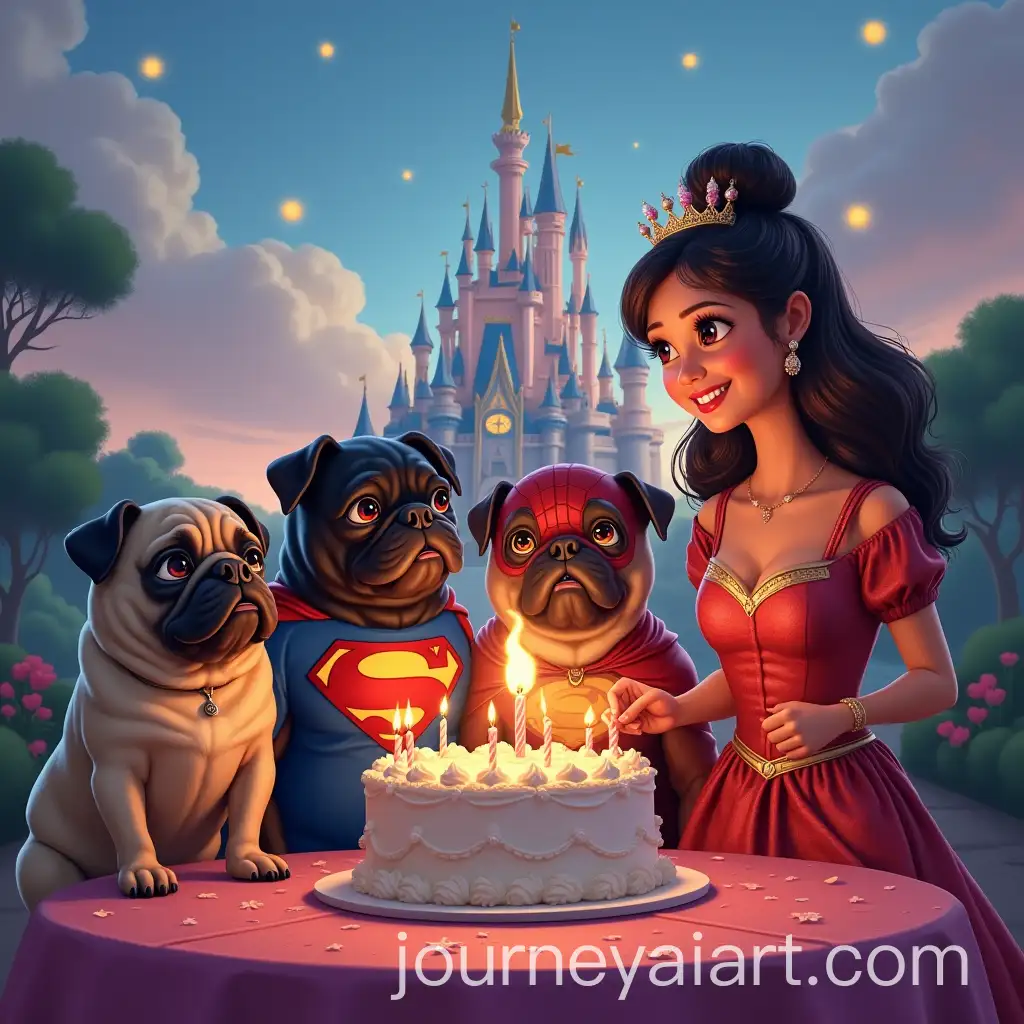 Pugs-and-French-Bulldogs-Celebrate-a-Birthday-with-Disney-Castle-Backdrop