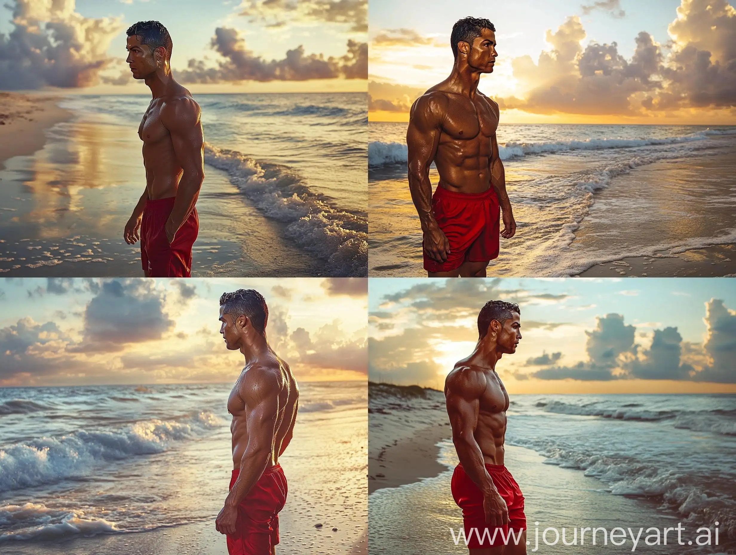 Cristiano-Ronaldo-Beach-Sunset-Scene-with-Red-Micro-Shorts