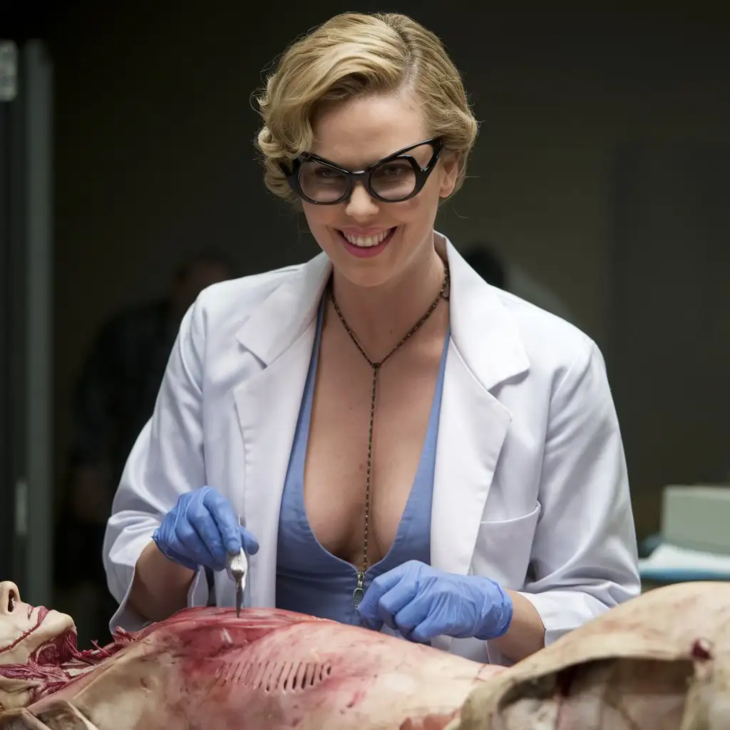 
Pathologist Charlize Theron with a crazy smile and a deep neckline, miniskirt and sandals with high heels does a corpse dissection in the morgue, photo, cinematography, 4k