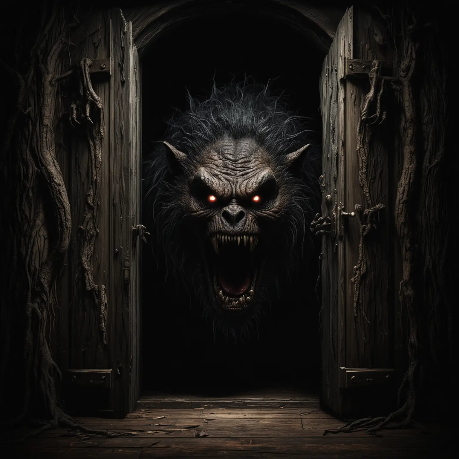 a scary beast peeks out from behind the door. dark background with a scary forest