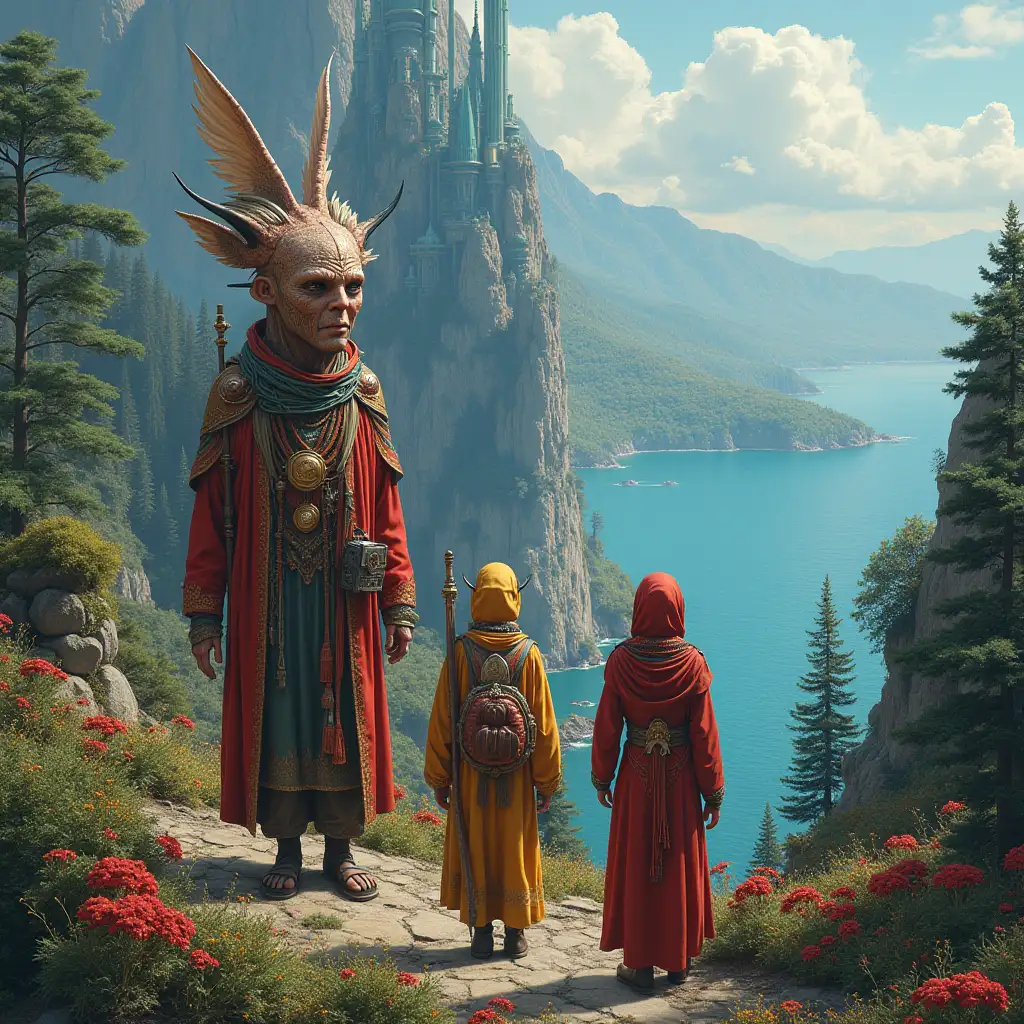 Ultra detailed hyperrealistic portrait  Multiverse time travelers with various strange beings with futuristic glass towers The elaborately detailed, colorful forested , mountains and sea in the background