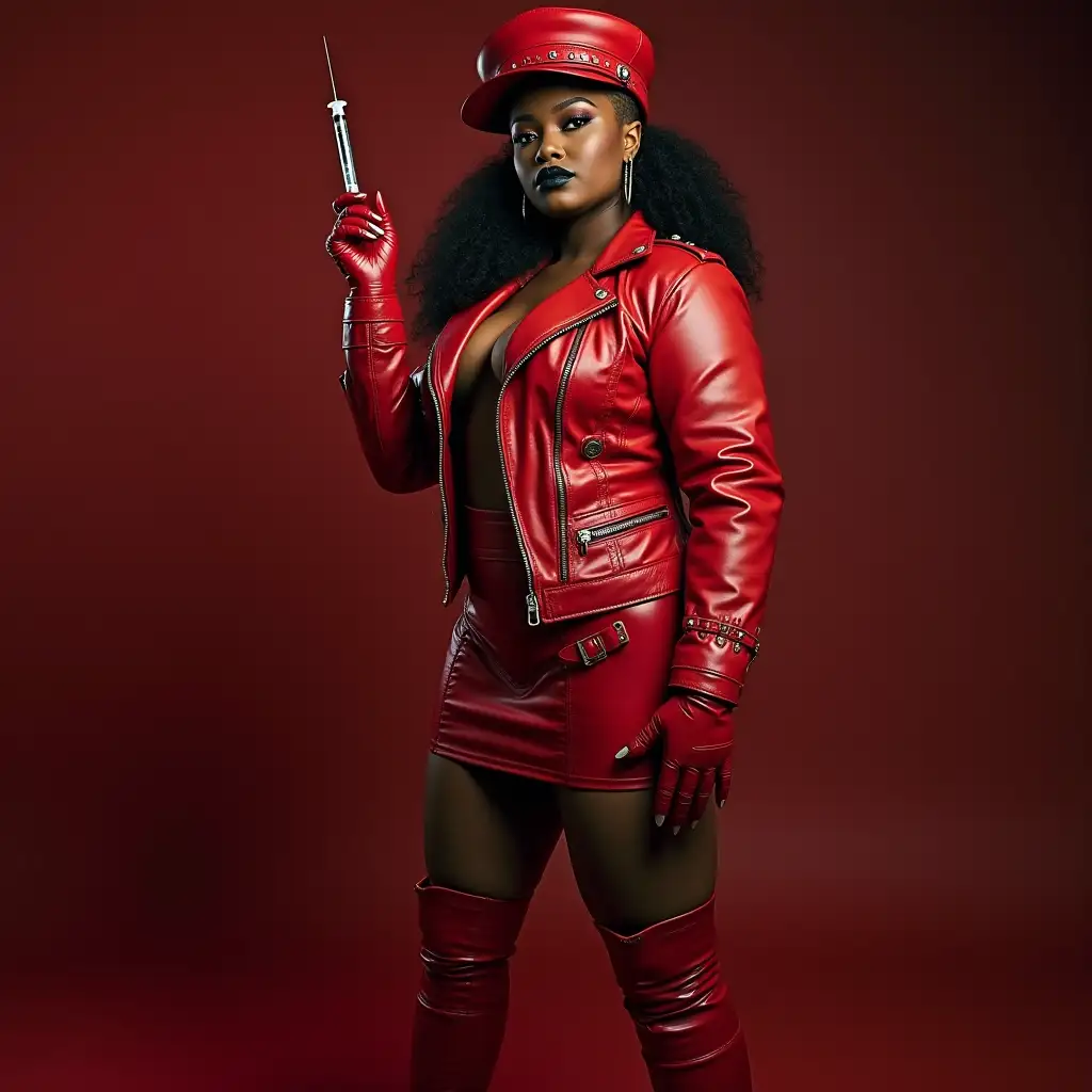 dark ebony rapper lizzo, shaved head, red leather biker jacket, leather studded collar, elbow length red leather gloves, holding injection needle, black lipstick, red leather military hat, tall red leather boots, big ass