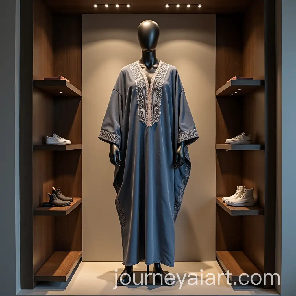 Mannequin-Displaying-Traditional-African-GrayBlue-Tunic-on-Modern-Wooden-Shelf