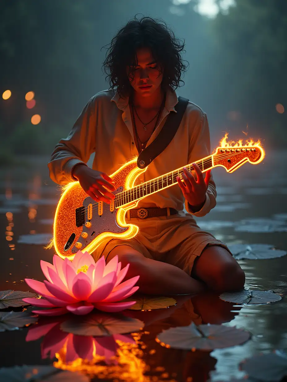 ultra-detailed hyper-realistic portrait of a human with an electronic guitar that is very beautiful and comes from fire, and the area around him is a disco with glowing balls on a large water lily in a lake