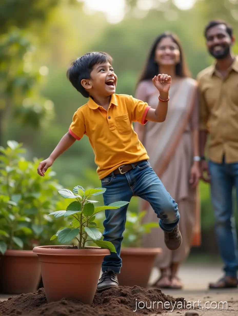 Happy-Indian-Boy-Dancing-in-a-Garden-with-VibrIndian-boy-dancing-joyfullyant-Plants-and-Proud-Parents