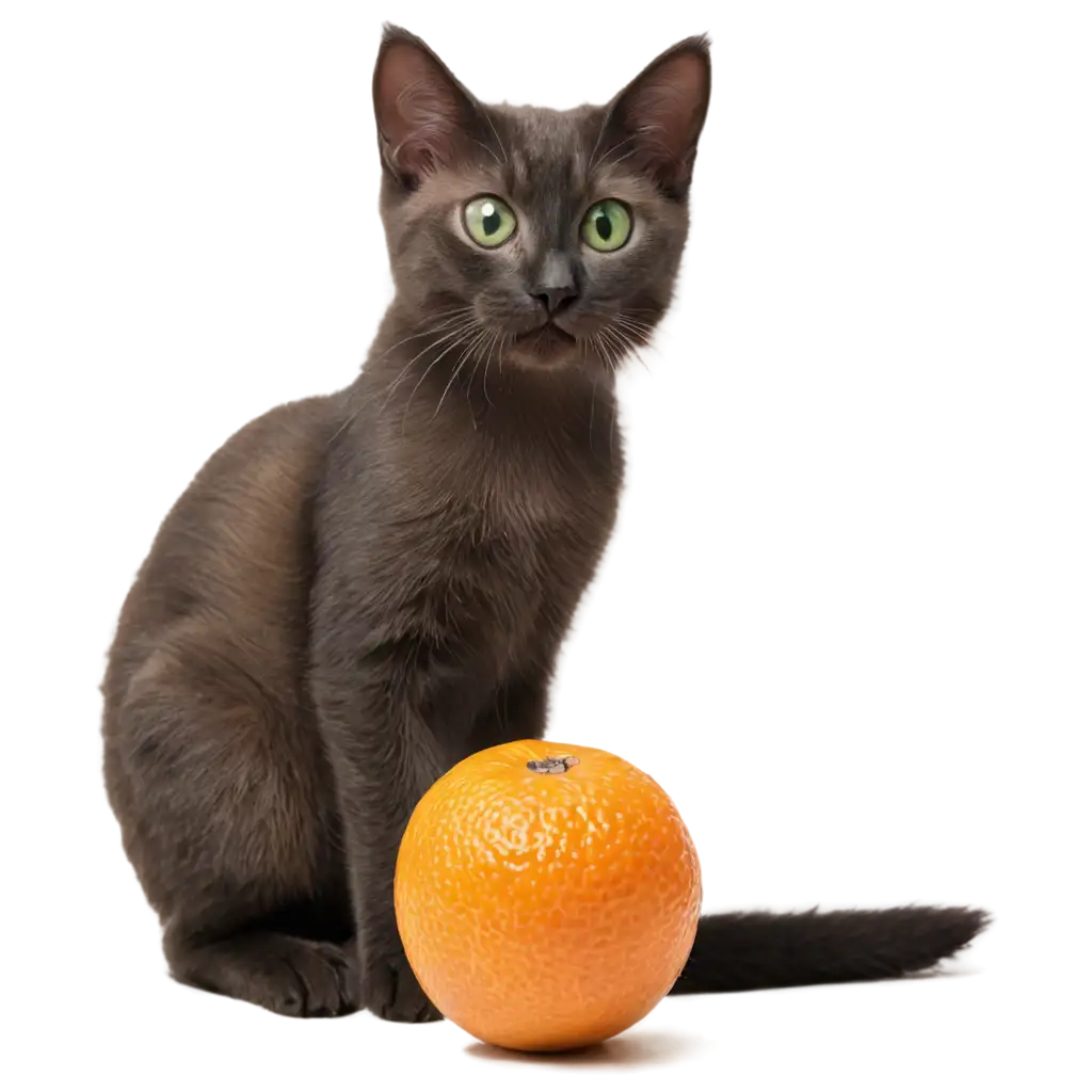 Playful-Smoky-Kitten-with-Green-Eyes-Playing-with-a-Tangerine-PNG-Image