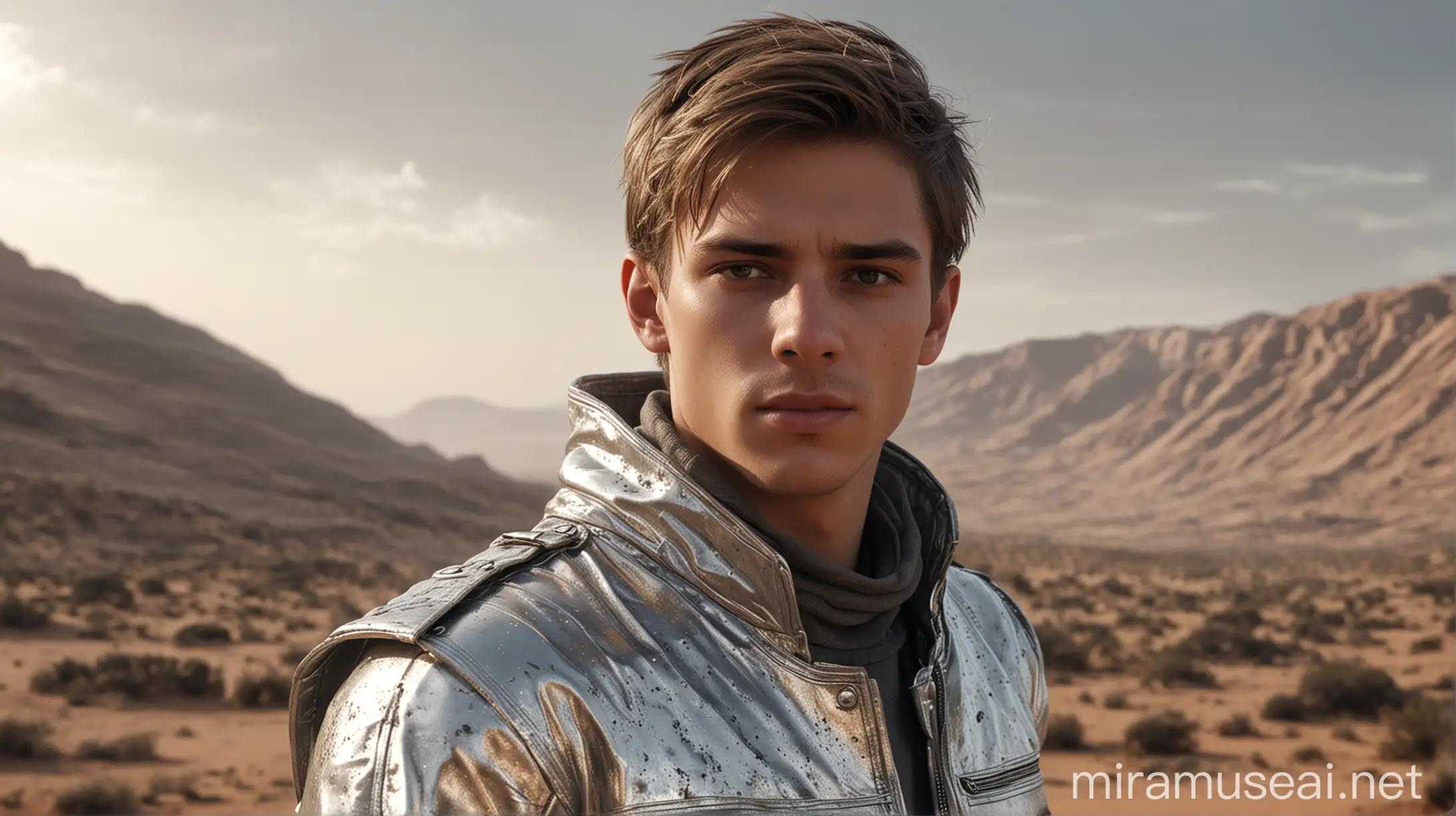 Young Man in Silver Metallic Outfit on PostApocalyptic Desert World