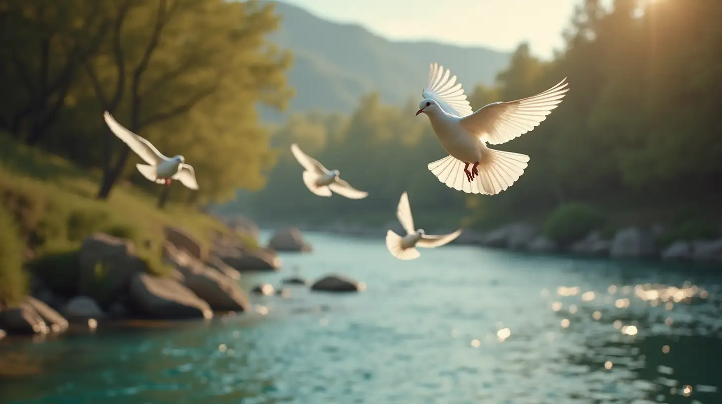 Doves Soaring Above a Serene River in the Biblical Era