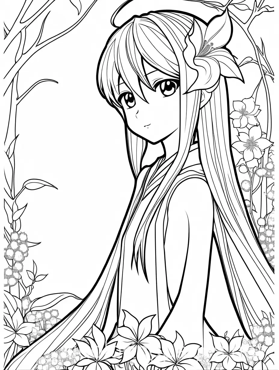 Hatsune-Miku-Coloring-Page-with-Flowers-and-Trees-Black-and-White-Line-Art