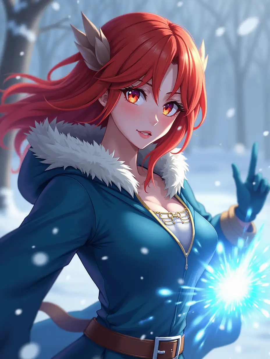 sexy redhead girl, anime style, epic face with glowing eyes, sorceress, mage of frost, casting a spell, moving action, dynamic composition, winter clothes, bright background, by WLOP