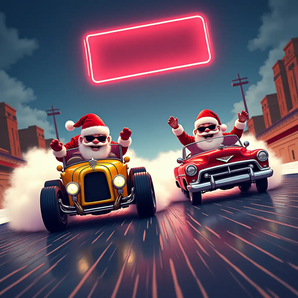 situation: car race on a dragstrip, 50's style. competitors: two characters like father christmas with sunglasses, one in a ford hot rod yellow and the other in a cadillac eldorado red. background: Christmas theme, and at the top a rectangle of neon lights, without anything inside to add content later