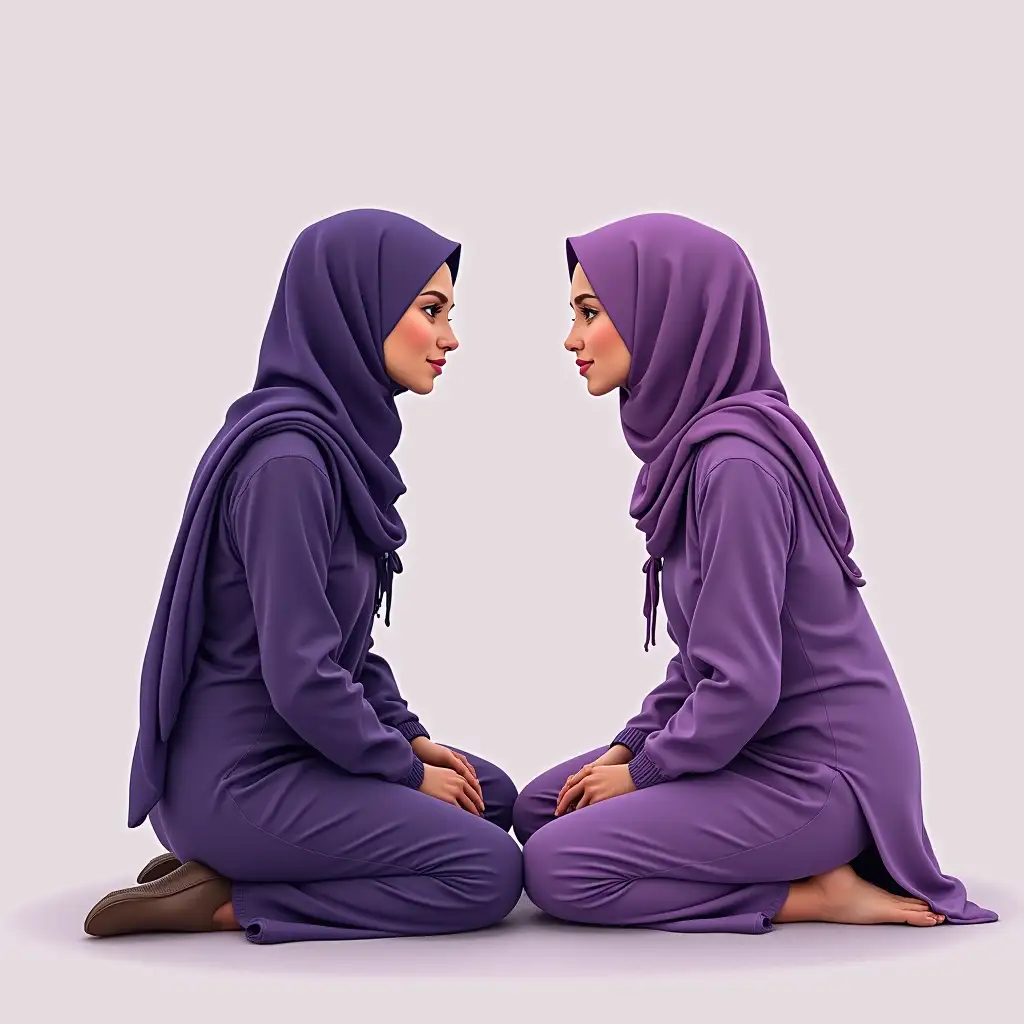 Two women sitting facing each other, wearing purple thabs. A bit caricaturistic, but they should be on the ground. Purple themed