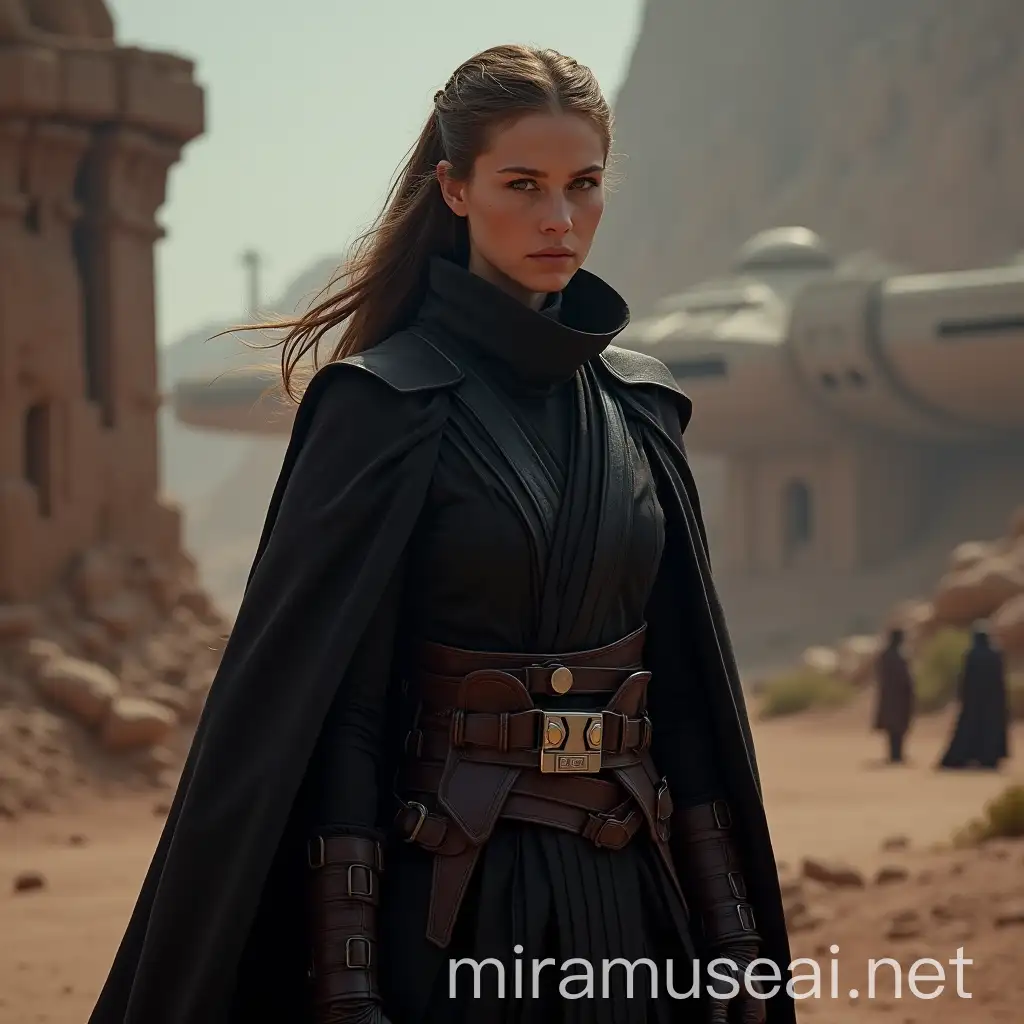 Female Jedi Smuggler in Dark Uniform at Spaceport