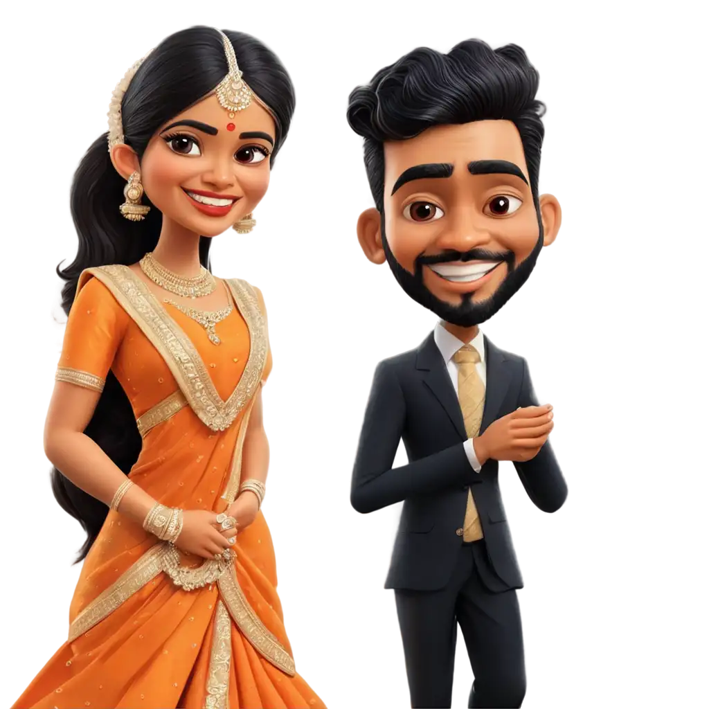 Vibrant-South-Indian-Wedding-Couple-Caricature-in-PNG-Format-Perfect-for-Digital-Celebrations