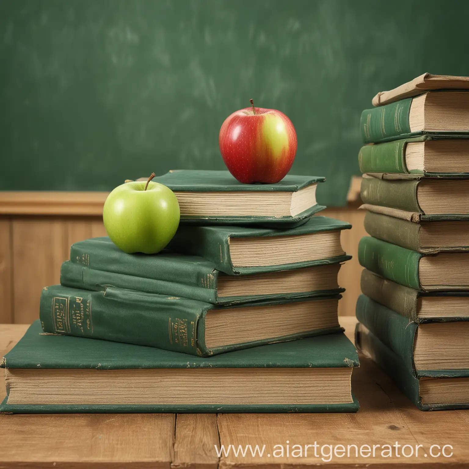 Books-and-Apple-on-Table-with-Green-School-Board-Background