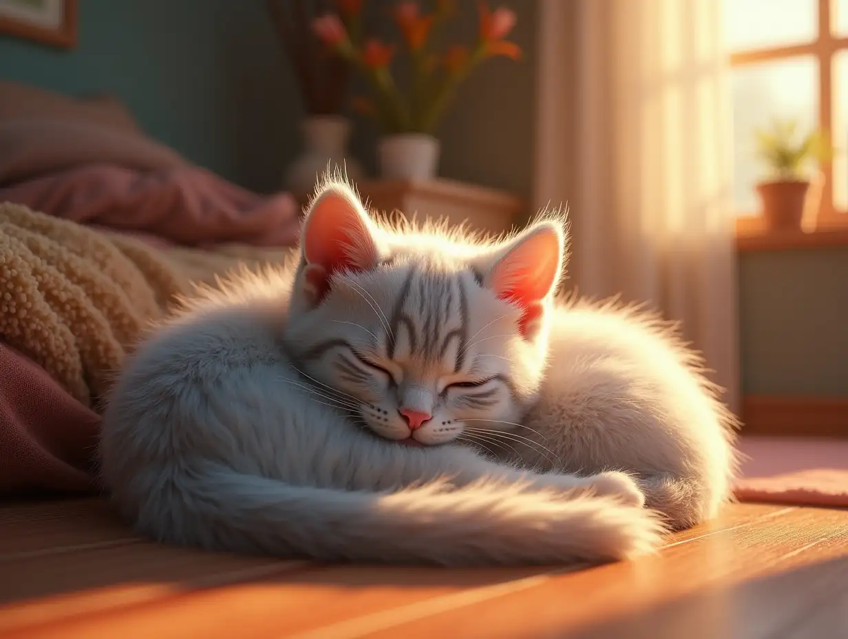 3d Image Pixar Style, 8k, UHD, HDR,(Masterpiece:1.5), (best quality:1.5) "A cozy silver kitten curled up in a sunny spot, warming up after a chilly night."