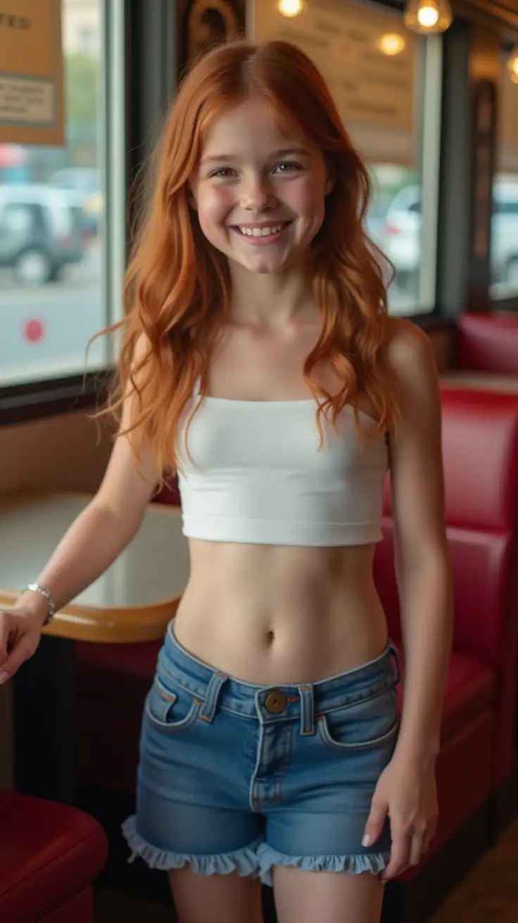 Auburnhaired-Teen-in-White-Top-and-Blue-Skirt-at-a-Diner