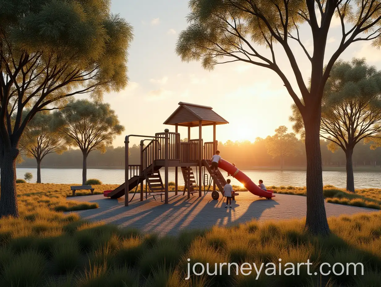 Children-Playing-on-a-Tower-in-a-Scenic-Lakeside-Playground