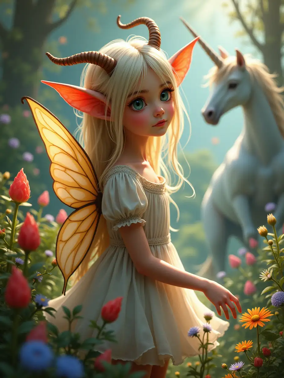 A beautiful 4-elf girl with large goat-like ears and butterfly wings. The enchanting background features a magical garden and a unicorn. This captivating image, most likely a painting, depicts a young, ethereal being in a whimsical world. The girl's delicate features are highlighted by her graceful wings and fantastical surroundings. The vibrant colors and intricate details bring this enchanting scene to life, inviting viewers to escape into a world of fantasy and wonder.