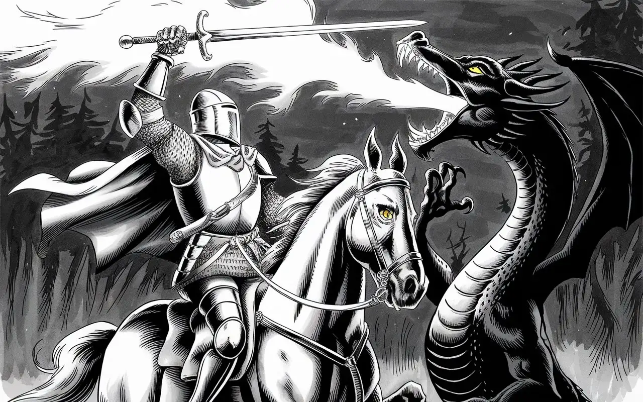 Knight-Engaged-in-Battle-with-Black-Dragon-Fantasy-Pencil-and-Ink-Drawing