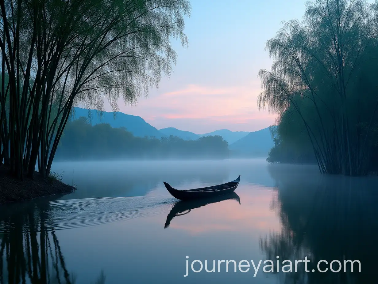 Tranquil-Dusk-River-Scene-with-Wooden-Boat-and-Bamboo