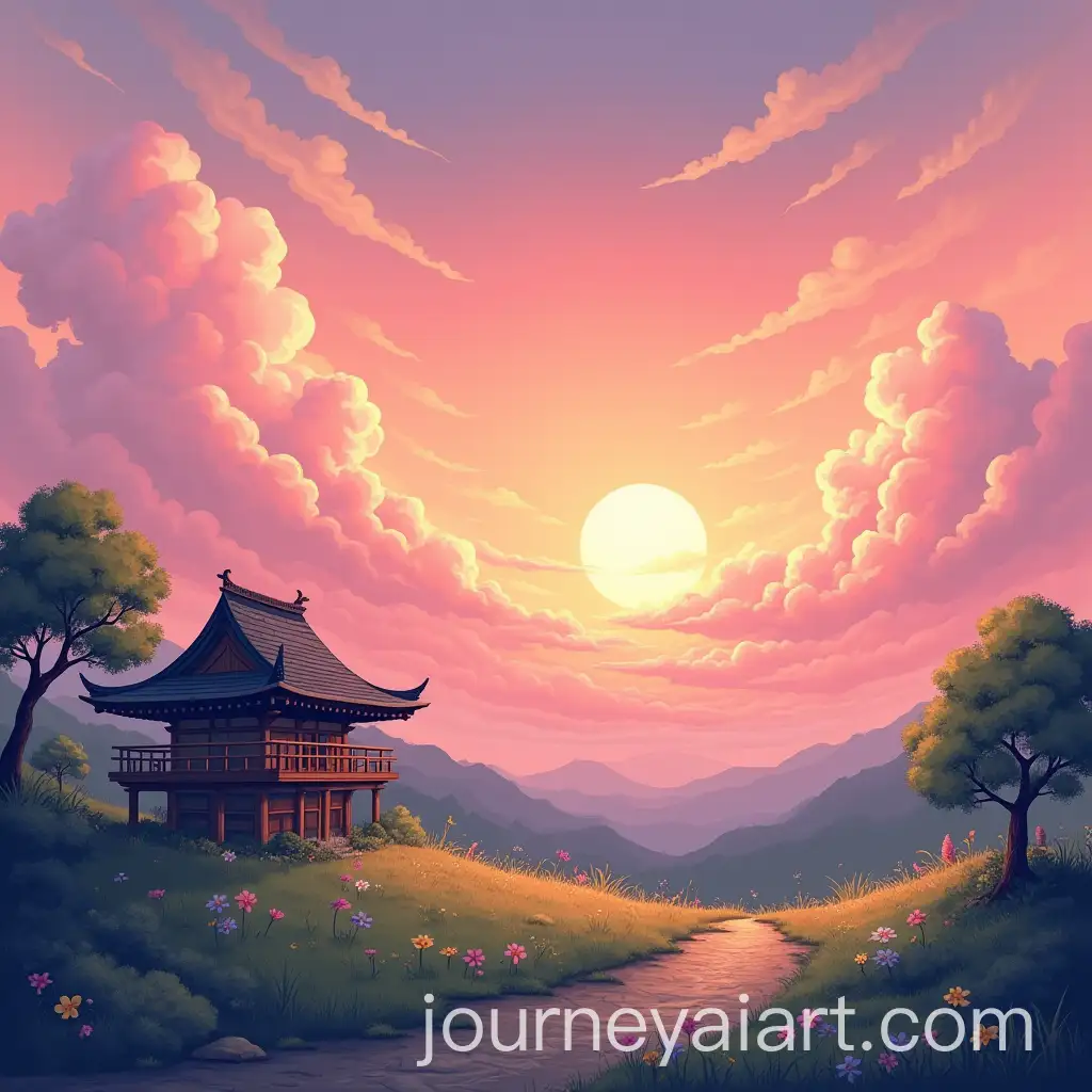 Serene-Anime-Landscape-Featuring-a-Traditional-Japanese-Hut-at-Sunset