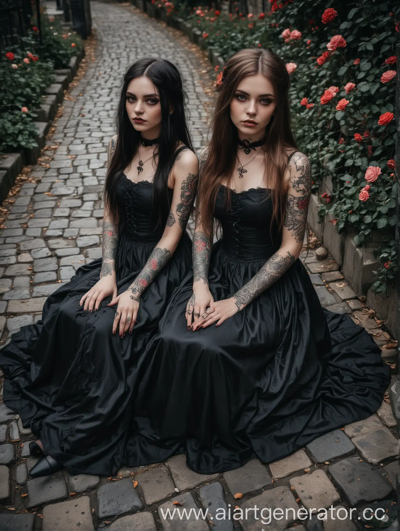 A portrait of two beautiful gothic inked girls sitting on the cobblestone, pretty faces, long hair, silky short dresses, the dark beauty, big plan, dark aesthetic, the garden of roses 