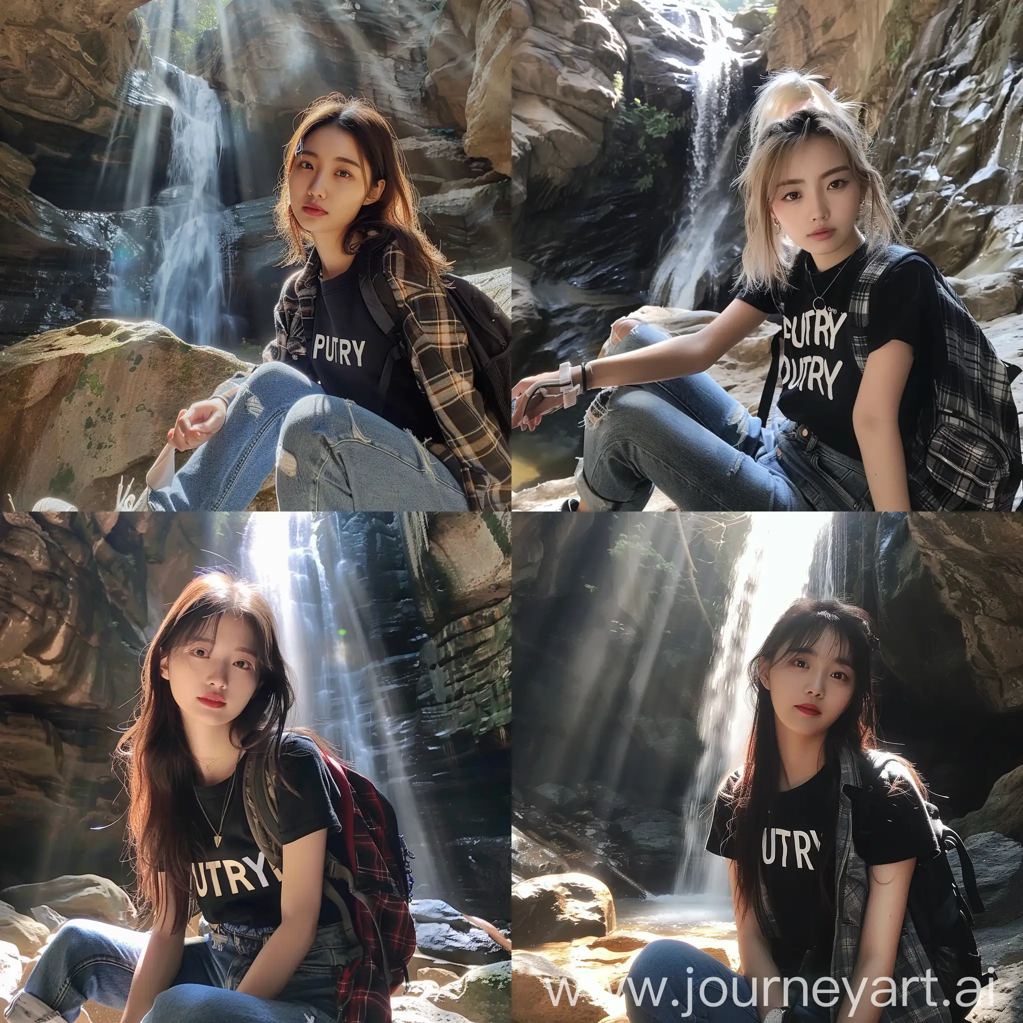 Young-Korean-Woman-Taking-Selfie-in-Cave-Near-Waterfall