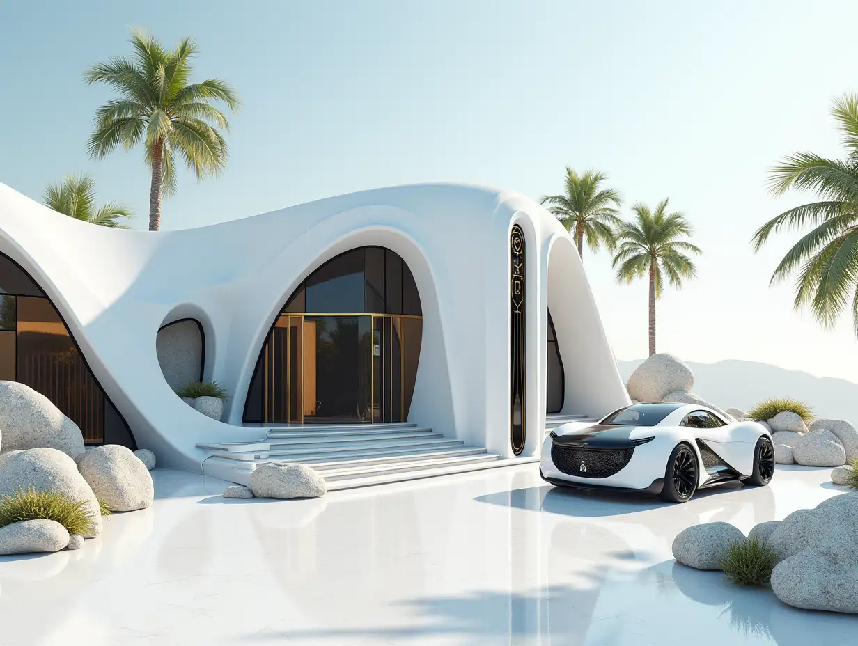 Create a high-resolution realistic image of a futuristic white building with black and gold elements, curved pillars, palms, rocks, and a futuristic vehicle