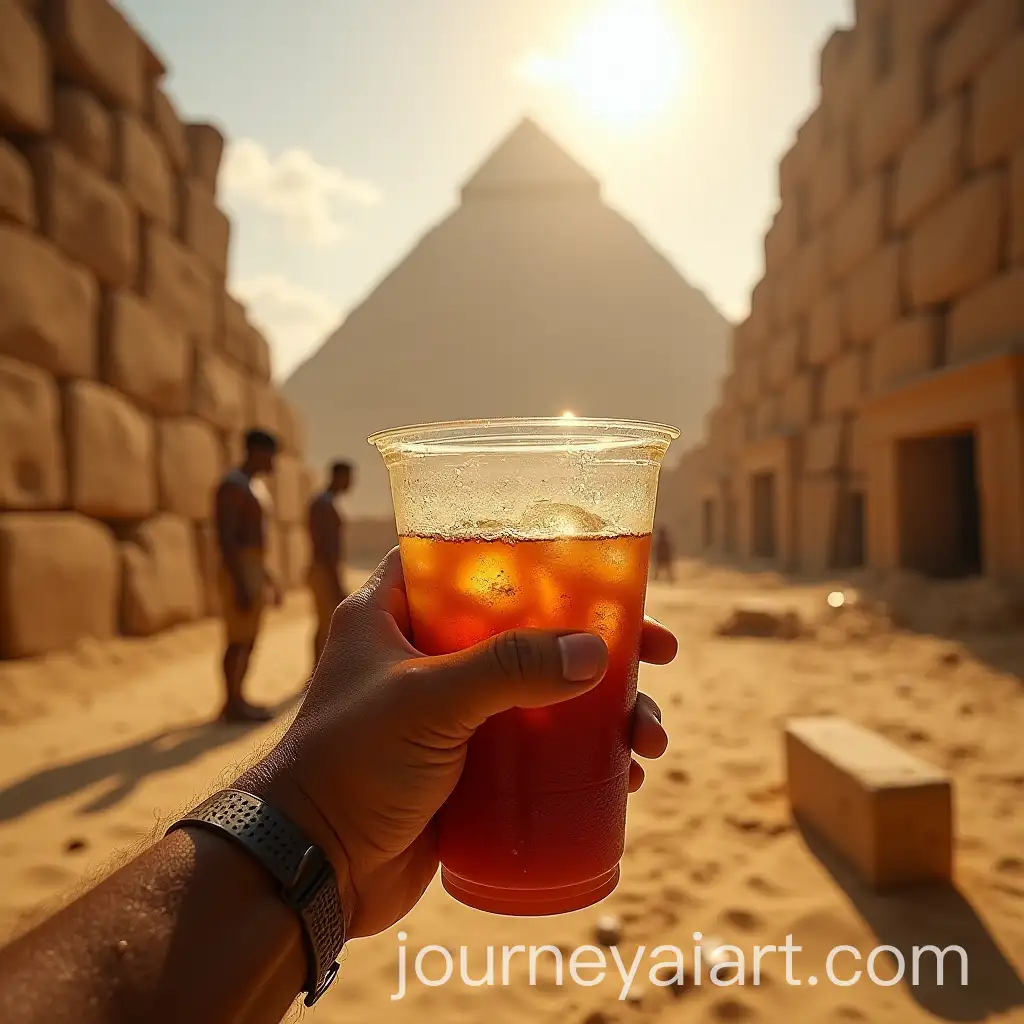 Worker-Holding-Iced-Tea-Amid-Ancient-Egyptian-Pyramid-Construction