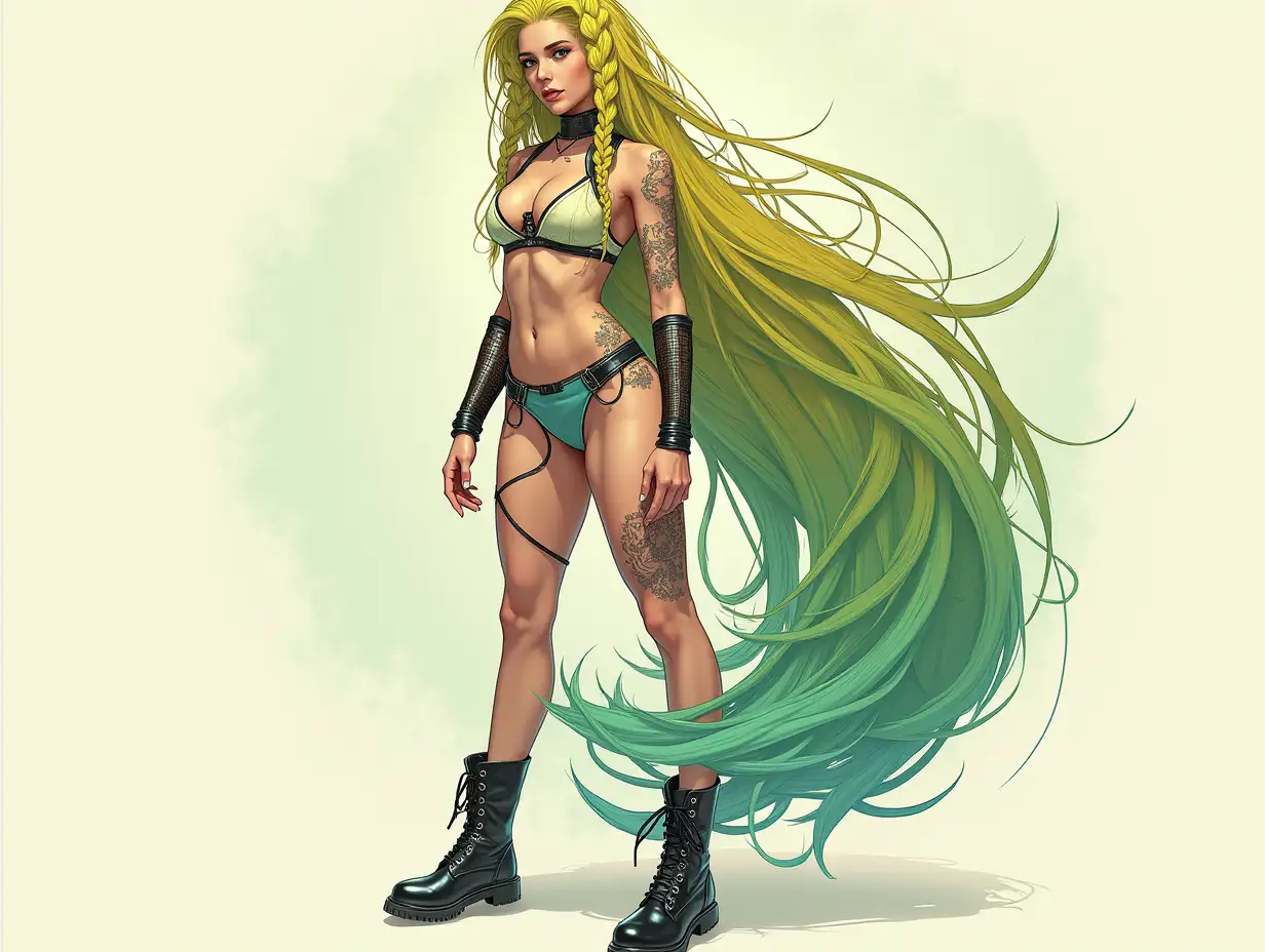 Depiction of a beautiful white woman with -tattoo, long mixed green-yellow braided hair in a futuristic style and laced boots.