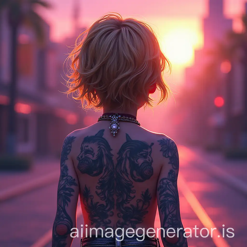 drawing mode image, on a background representing the purple golden years and blurry do an image of the 80s with a 10 year old character in the distance, seen from behind, and tattooed in rock mode