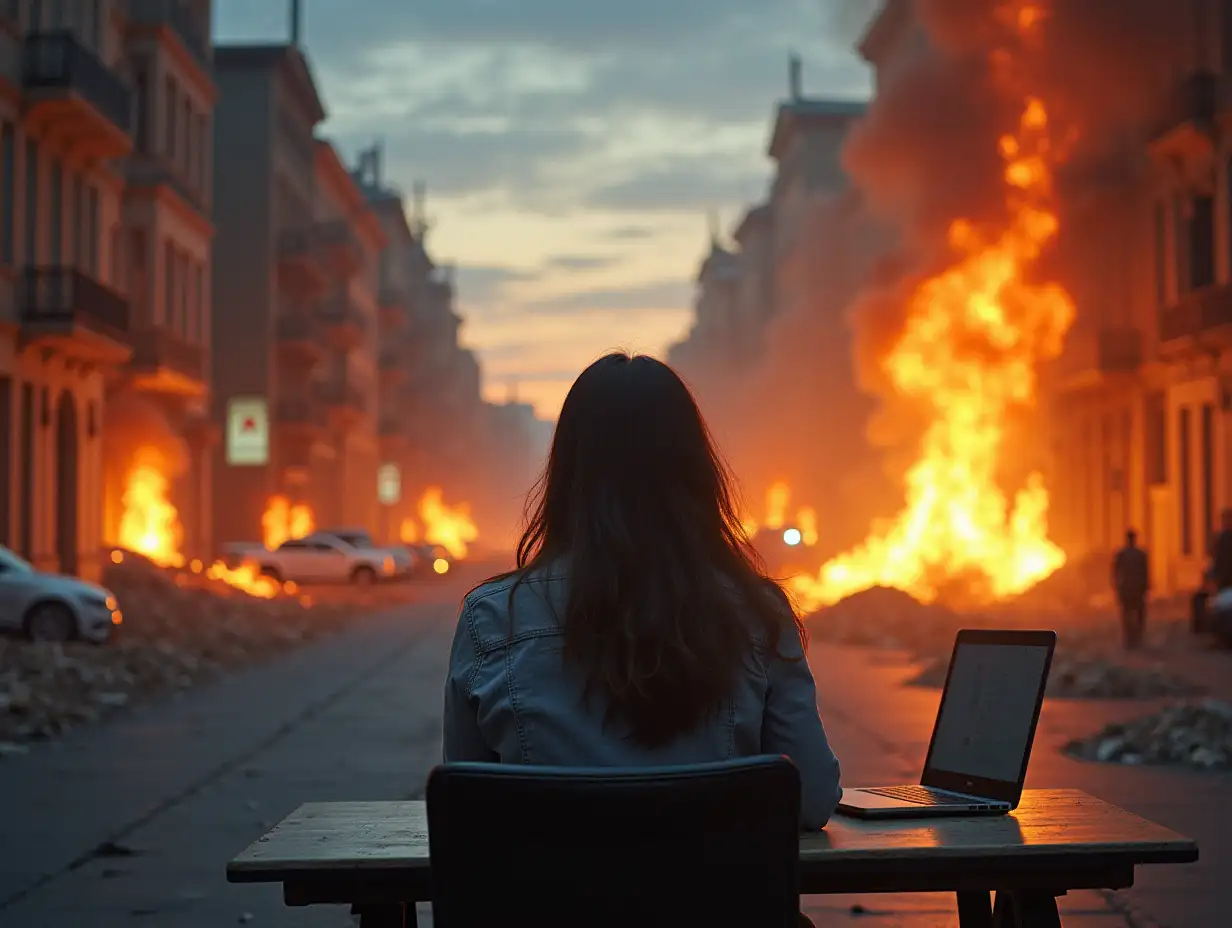 Create an image on which a girl sits with her back forward on the street at a desk with a laptop, while around her there are disasters (earthquake, fire, war and cataclysm).