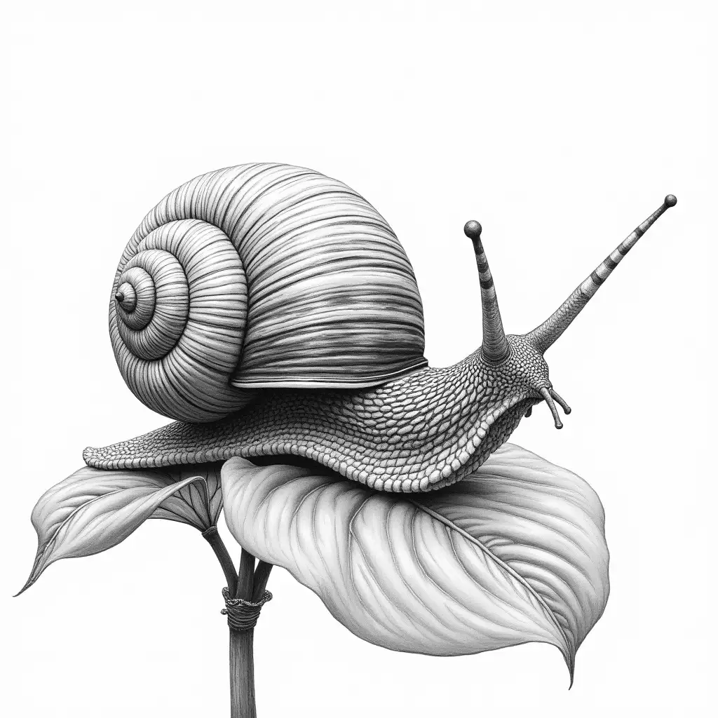 Realistic Black and White Art Snail Crawling on Variegated Hosta Plant