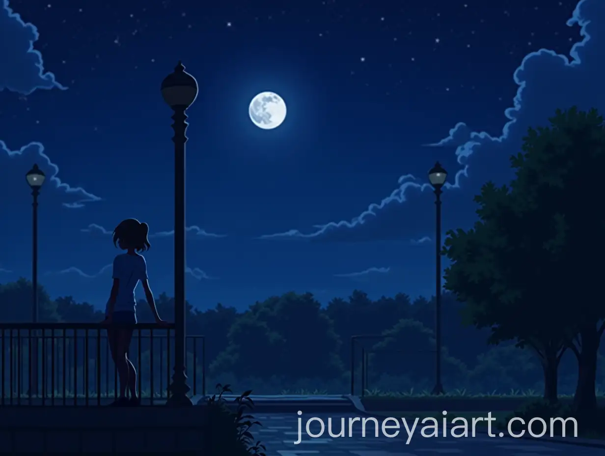 LoFi-Night-Scene-of-Person-on-Terrace-Under-Moonlight-with-Nearby-Park-and-Lamp-Posts