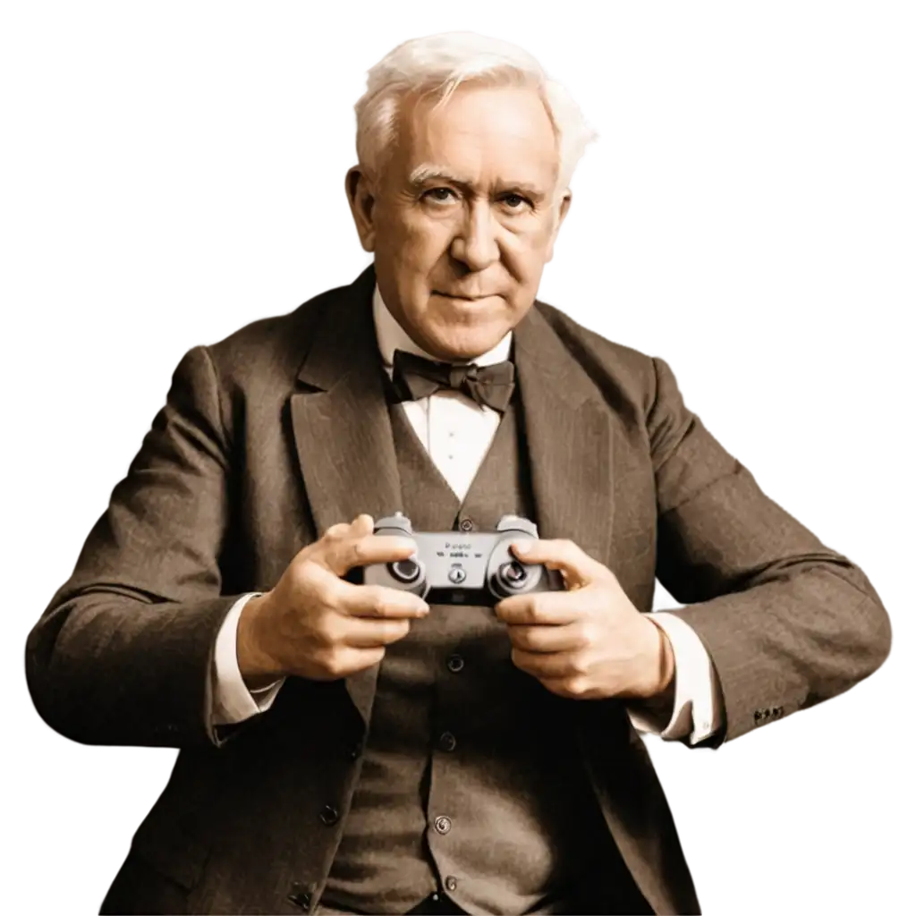 Sir-Thomas-Alva-Edison-Playing-PlayStation-5-PNG-Image-A-Fusion-of-History-and-Modern-Gaming